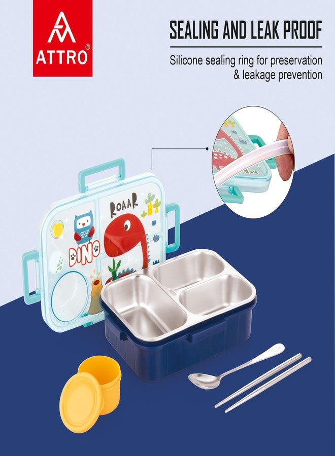 ATTRO Bestie Kids Lunch Box Dinosaur Printed with Inner Stainless Steel 3 Compartment 1 Small Container Air-Tight Leakproof BPA Free 750ml+80ml- Dark Blue - Image 3